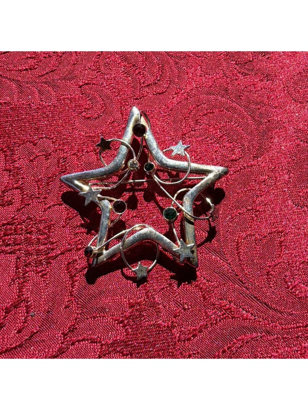 Vintage Christmas Star Brooch Silver Tone Multicolor Rhinestone 2.25" Wire Pin
